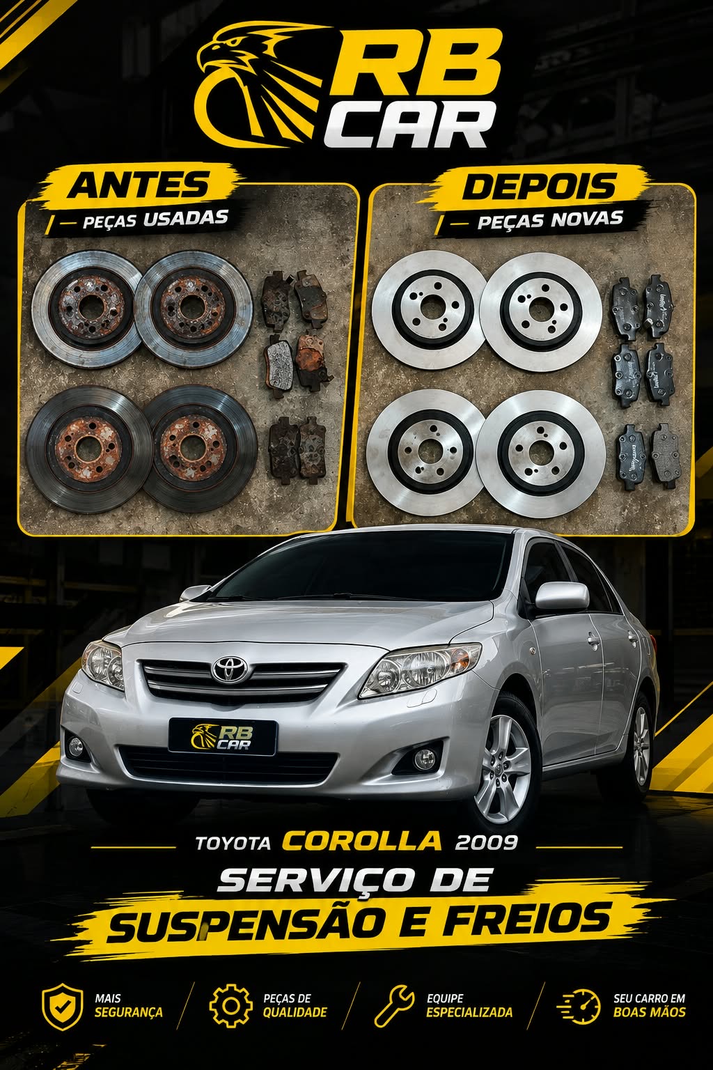 Antes e depois do serviço de suspensão e freios em um Corolla 2009 na RB Car