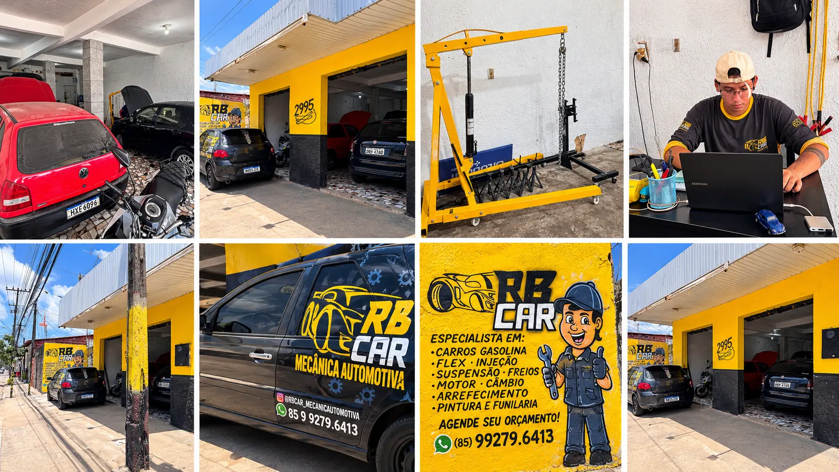 Fotos da oficina RB Car em Caucaia: fachada amarela com os boxes abertos, veículos no pátio, guincho hidráulico, mural com a lista de serviços e a equipe no atendimento